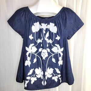 Given Kale Denim Top with White Floral Applique & Embroidery, S